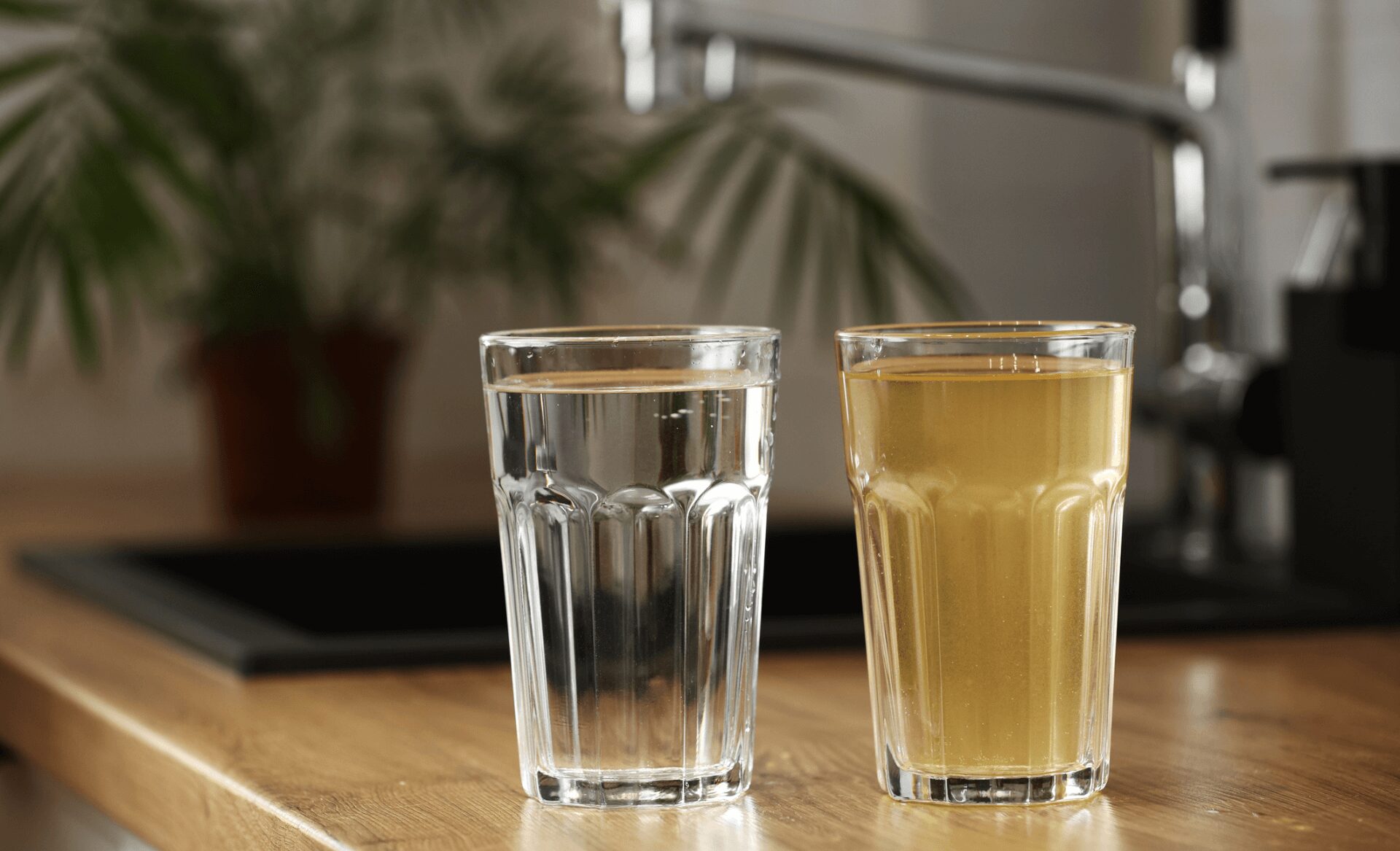 glasses of water on the counter, one clean, one dirty