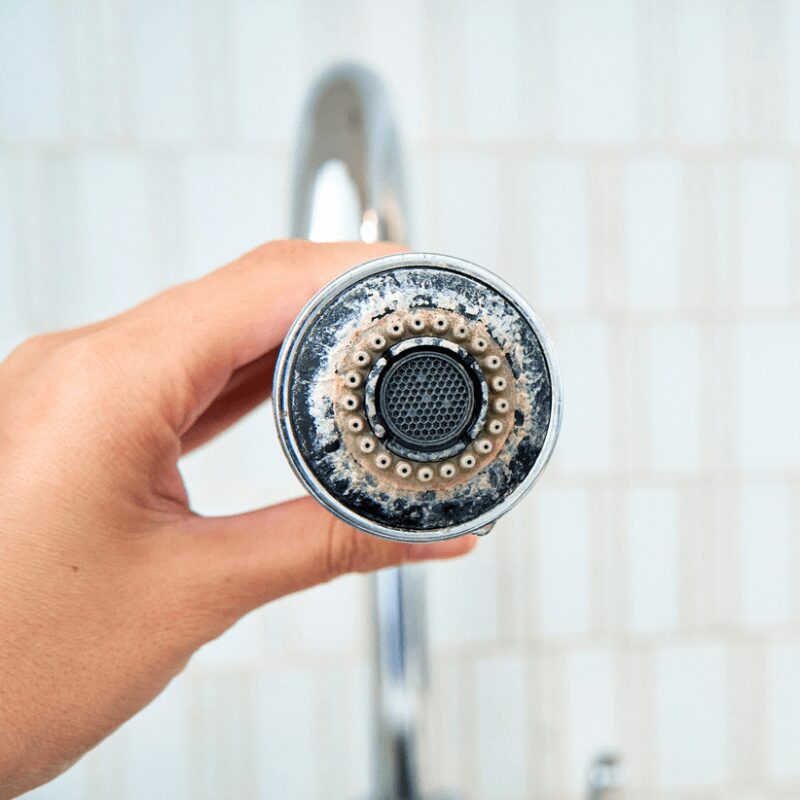 close up of hand holding a shower head with scale build up