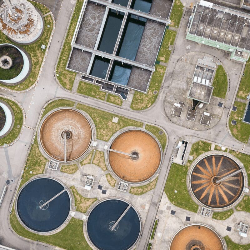 Top aerial view of a sewage treatment plant